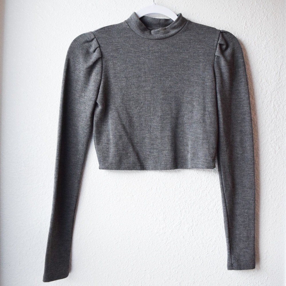 Gray Close-Neck Long Sleeve CLASSY Crop Top